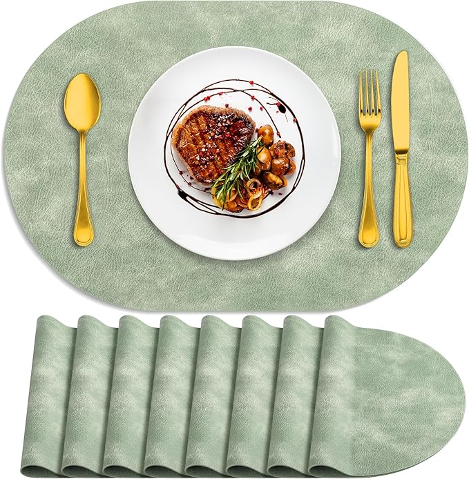 ADRIMER Placemats, Heat Resistant Oval Placemats Set of 8 Washable 12 x 17 Inch, Waterproof Table Mats, Wipeable Pu Place Mats for Kitchen, Dining Room, Green