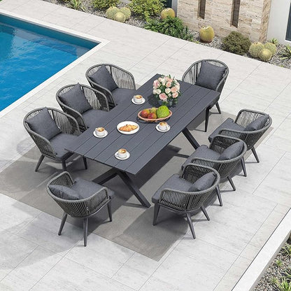 PURPLE LEAF 9 Pieces Patio Dining Table Set Wicker Outdoor Furniture Rectangular Table and Chairs Set for Garden Deck Aluminum Frame Backyard Kitchen Set, Cushions and Pillows Included Grey