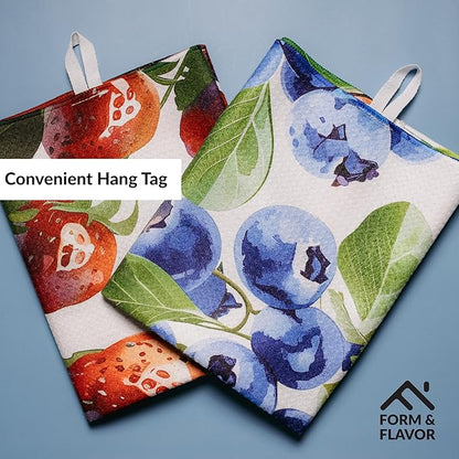 Strawberry Kitchen Dish Towels Decorative Set Absorbent Cute Vintage Waffle Towels with Hanging Loop