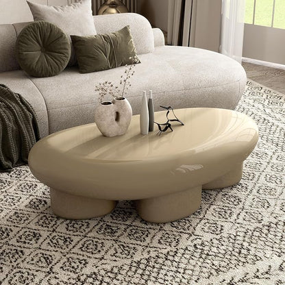 24/7 Shop at Home Kavren Modern 37-inch 3-Piece Oval Glossy Low Profile Coffee Table Set, Stone Shape Living Room Furniture for Small Space, Light Brown