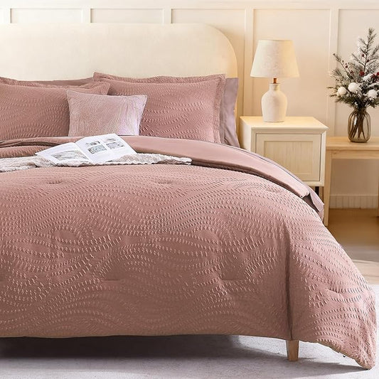 Geniospin Queen Comforter Set - 7 Pieces Dusty Pink Bedding Set, Botanical Textured Comforter Bed Set, All Season Lightweight Bed in a Bag with Comforter, Sheets, Pillowcases & Shams