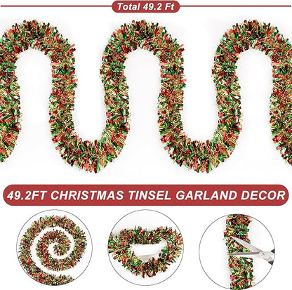 50 FT Christmas Tinsel Garland Christmas Decorations for Xmas Tree Decor Metallic Twist Shiny Hanging Garlands for Tree Mantel Stairs Fireplace Home Indoor Holiday Party Supplies (Red Green Gold)