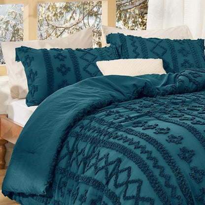 Bedsure Tufted Boho Comforter Set Queen Size - Teal Boho Bed Set, GentleSoft 3 Pieces Farmhouse Shabby Chic Embroidery Bedding, Gifts for Woman, Soft Jacquard Queen Comforter for All Seasons