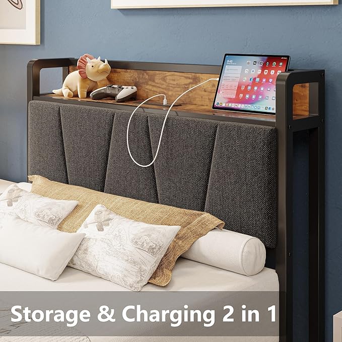 LIKIMIO Twin XL Bed Frames, Storage Headboard with Charging Station, Solid and Stable, Noise Free, No Box Spring Needed, Easy Assembly