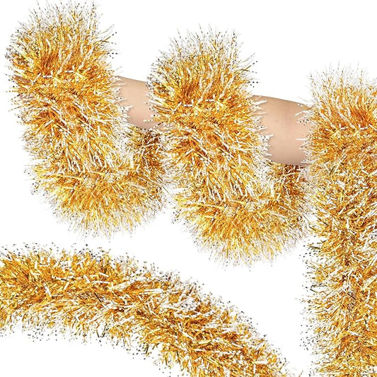 50ft Gold White Christmas Tinsel Garland Xmas Tree Garland Decorations Metallic Tinsel Glitter Twist Garlands Hanging Streamers for Indoor Holiday Decor