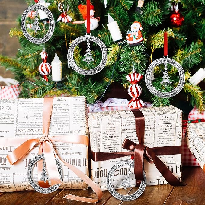 Jinei 6 Pcs Christmas Wreath Ornament Bulk 2025 Solid Pewter Christmas Ornament with Rotatable Tree Metal for Xmas Decorative Holiday Keepsake Gift (Xmas Tree)