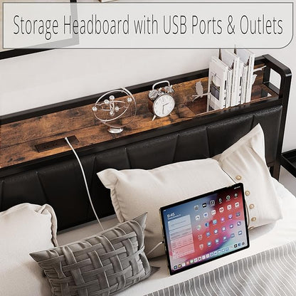 LIKIMIO Queen Bed Frame, Storage Headboard with Charging Station, Solid and Stable, Noise Free, No Box Spring Needed, Easy Assembly (Vintage and Black)