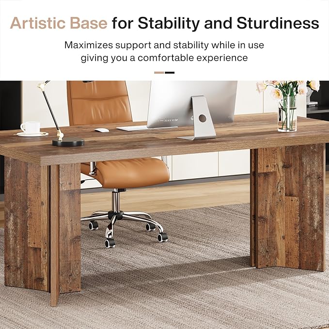 Tribesigns 63-inch Executive Desk, Vintage Home Office Computer Desk with Large Tabletop, Farmhouse Wood Writing Conference Table Workstation for Office, Study, Distressed Brown