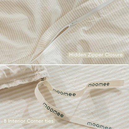 MooMee Striped Duvet Cover Set 100% Washed Cotton Linen Like Textured Breathable Durable Soft Comfy (Almond Milk Grey Pinstripes, Super King 108"x98")