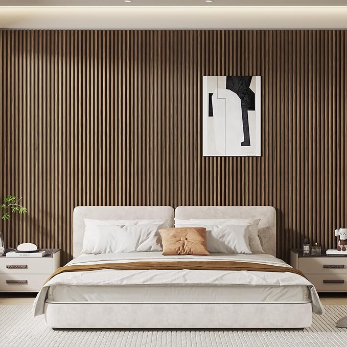 8-Pack WPC Wood Panels for Wall - 96 x 6.6 Inch 3D Acoustic Wall Panels, Water-Proof and Easy Installation, Accent Slat Wall Paneling for Living Room, Office, Walnut