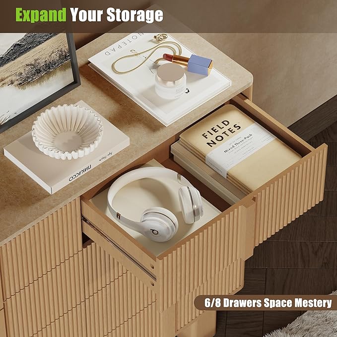 Fluted Dresser for Bedroom with 8 Drawers,47" Wide Modern Chest of Drawers with Wooden Handle, Wooden Dresser TV Stand, Wood Closet Clothes Storage Organizer for Living Room, Hallway, Light Oak