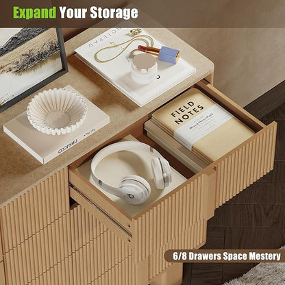 Fluted Dresser for Bedroom with 8 Drawers,47" Wide Modern Chest of Drawers with Wooden Handle, Wooden Dresser TV Stand, Wood Closet Clothes Storage Organizer for Living Room, Hallway, Light Oak