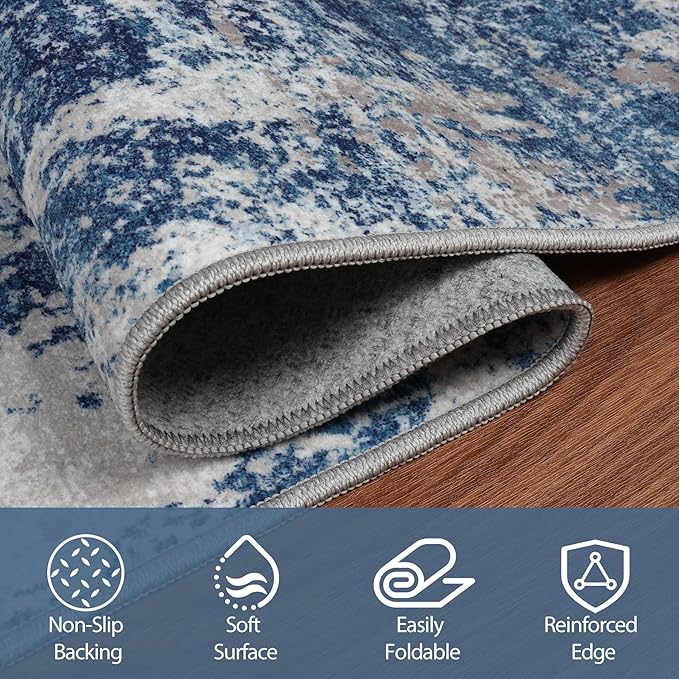 8x10 Area Rugs for Living Room Rug Washable: Abstract Large Rug for Dining Room Bedroom Carpet Non Slip 8 by 10 Indoor Modern Nursery Home Office Blue Grey White