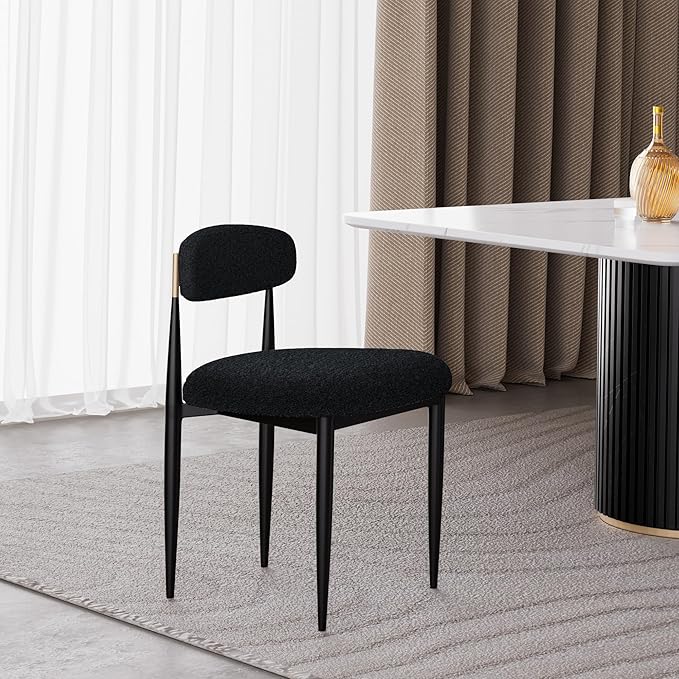 Morden Fort Black Dining Chairs Set of 2, Boucle Chairs with Curved Backrest and Straight Metal Legs for Dining Room, Kitchen, Living Room, Apartment