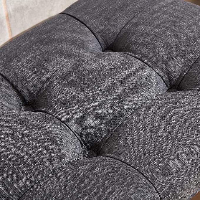 Farmhouse Storage Entryway Bench with Shoe Shelf, Linen Fabric Upholstered 2 Tier Button Tufted Bench with Wooden Frame for End of Bed/Hallway/Reception/Living Room, Charcoal