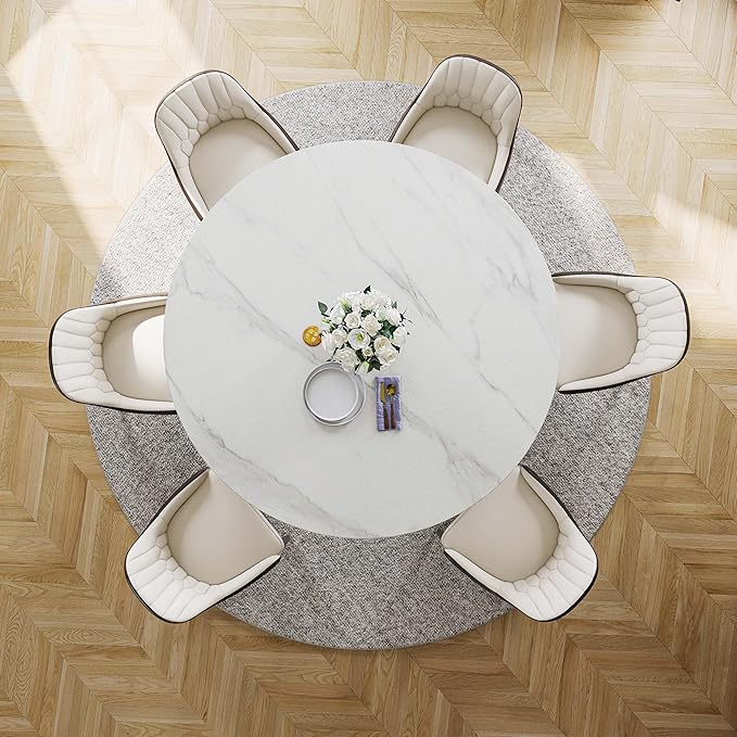 POVISON 59" Modern Round Dining Table, Marble Round Dining Room Table for 6, Matte White Sintered Stone Tabletop with Black Carbon Steel Pedestal, Circle Dining Table for Kitchen Room (Table Only)