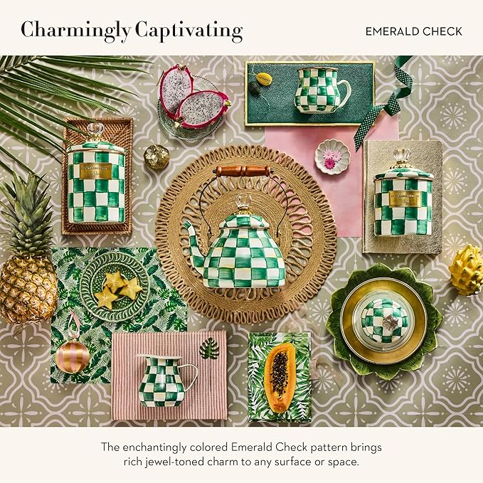 MACKENZIE-CHILDS Enamel Mug, Cute Enamelware Tea or Coffee Mug, 16 Ounces, Green-and-White Emerald Check