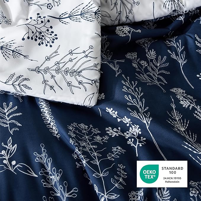 Bedsure Queen Comforter Set - Navy Bed Set, 3 Pieces Cute Floral Bedding, 1 Soft Reversible Botanical Flowers Comforter and 2 Pillow Shams