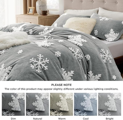 Bedsure Fluffy Duvet Cover Set - Ultra Soft Plush Shaggy Comforter Cover King Size, Warm Flannel Fleece Bed Sets for Winter, 3 Pieces, Snowflake Pattern, Grey