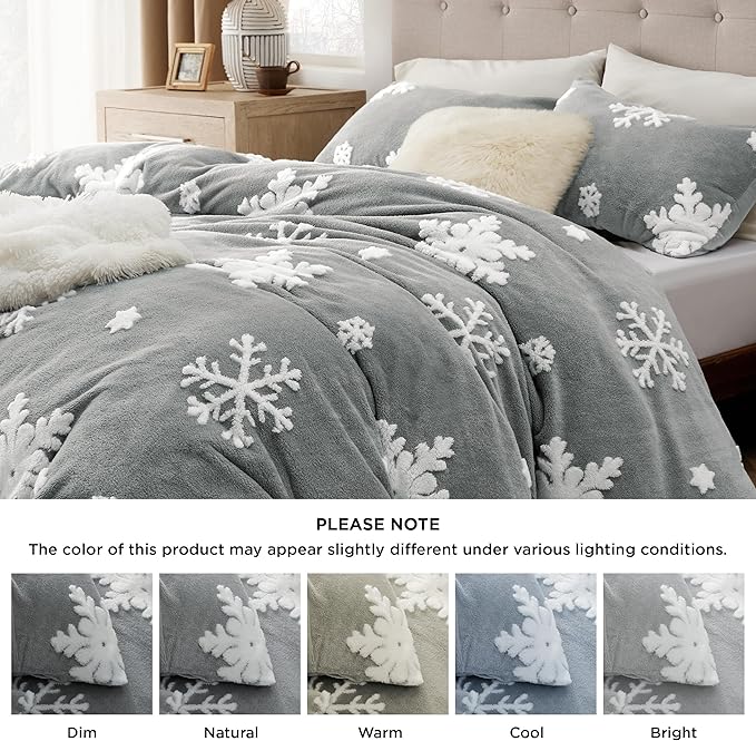 Bedsure Fluffy Duvet Cover Set - Ultra Soft Plush Shaggy Comforter Cover Queen Size, Warm Flannel Fleece Bed Sets for Winter, 3 Pieces, Snowflake Pattern, Grey