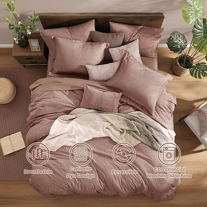 Monbix Full Size Comforter Set-7 Pieces Dusty Pink Cationic Dyeing Bed in a Bag Full Bedding Sets with Comforter, Sheets, Pillowcases & Shams, All Season Reversible Bedding Comforters