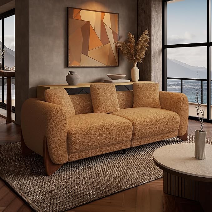 Morden Fort Boucle Sofa, Modern Upholstered Cloud Couch Durable Comfy Boucle Pet-Friendly Sofa Deep Seat with Wooden Leg & Pillow Sofas 3 Seater Couches for Living Room Bedroom Apartment Toffee Orange