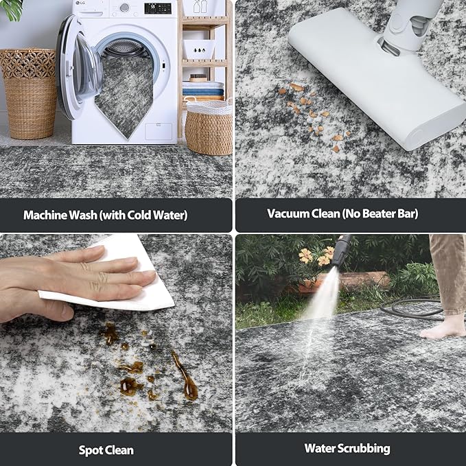 5x8 Area Rugs for Living Room Rug Washable: Abstract Rug for Dining Room Bedroom Carpet Non Slip 5 by 8 Indoor Modern Nursery Home Office Black Grey