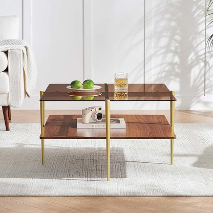 Square Coffee Table, Mid-Century Modern Design, L30 x W30 x H17 Inch, for Living Room, 2-Tier Structure, Amber Glass Top and Walnut Wood Shelf, Sleek Conical Metal Legs with Gold Finish