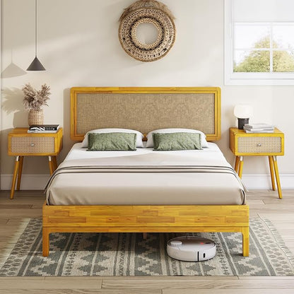 Bme Nipe 14 Inch Bohemian Bed Frame with Adjustable Woven Headboard - Rustic & Vintage Unique Style with Acacia Wood - No Box Spring Needed - Easy Assembly - Full, Natural