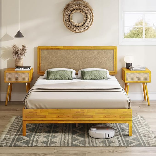 Bme Nipe 14 Inch Bohemian Bed Frame with Adjustable Woven Headboard - Rustic & Vintage Unique Style with Acacia Wood - No Box Spring Needed - Easy Assembly - Full, Natural