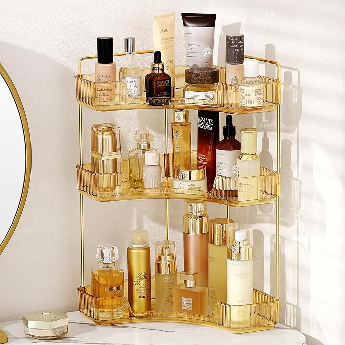 Corner Bathroom Counter Organizer Bathroom Countertop Shelf Makeup Organizer for Vanity Perfume Corner Storage (3 Tiers, Gold)