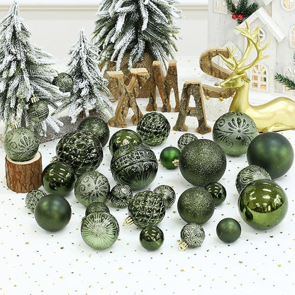 Christmas Ball Ornaments Dark Green Christmas Tree Decorations with Hang Rope-36pcs Shatterproof Christmas Ornaments Set with 6 Styles in 3 Sizes(Small Medium Large)