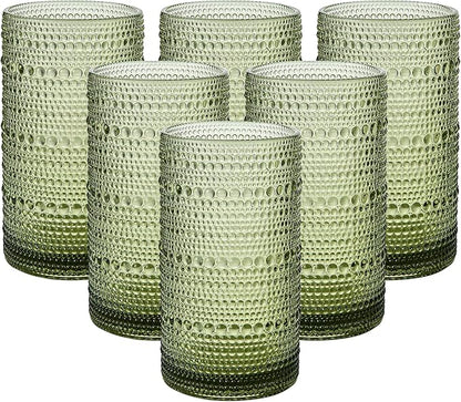 Vintage Glassware Drinking Glasses Set of 6,16oz Hobnail Glass Cups,Embossed Green Water Tumbler,for Cocktail, Juice, Whiskey, Milk and Various Mixed Drinks