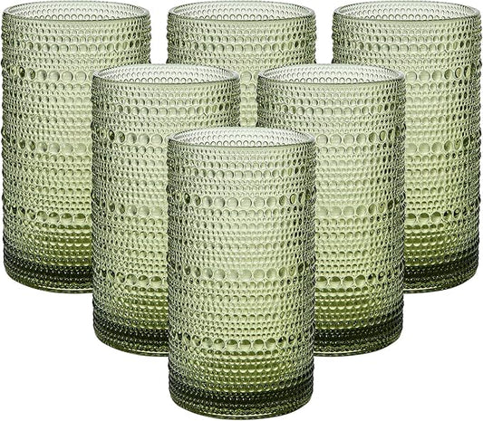Vintage Glassware Drinking Glasses Set of 6,16oz Hobnail Glass Cups,Embossed Green Water Tumbler,for Cocktail, Juice, Whiskey, Milk and Various Mixed Drinks