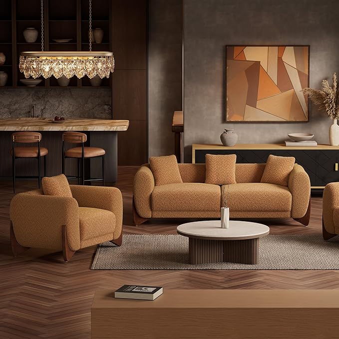 Morden Fort Boucle Sofa, Modern Upholstered Cloud Couch Durable Comfy Boucle Pet-Friendly Sofa Deep Seat with Wooden Leg & Pillow Sofas 3 Seater Couches for Living Room Bedroom Apartment Toffee Orange