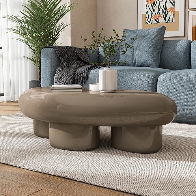 24/7 Shop at Home Kavren Modern 37-inch Oval Glossy Low Profile Coffee Table, Stone Shape Living Room Furniture for Small Space, Dark Brown