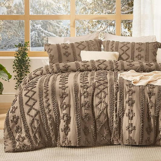 Bedsure Tufted Boho Comforter Set California King Size - Light Brown Boho Bed Set, GentleSoft™ 3 Pieces Farmhouse Shabby Chic Embroidery Bedding, Gifts for Woman, Jacquard Comforter for All Seasons