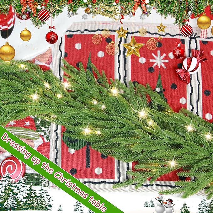 6 Ft Christmas Norfolk Pine Garland with 100 LED Lights, Dense Norfolk Pine Real Touch Garland, Artificial Greenery Garlands for Christmas Holiday Mantle Fireplace Table Home Decor Xmas