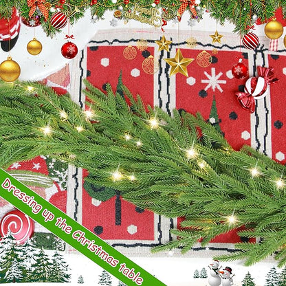 6 Ft Christmas Norfolk Pine Garland with 100 LED Lights, Dense Norfolk Pine Real Touch Garland, Artificial Greenery Garlands for Christmas Holiday Mantle Fireplace Table Home Decor Xmas
