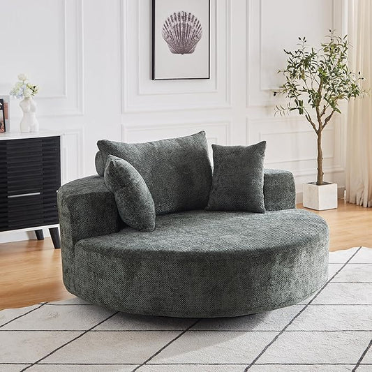 KEIKI 55" Oversized Swivel Accent Chair, Large Barrel Chairs Upholstered Round Swivel Chair, Chenille Single Sofa Armchair, Sleeper Chair for Living Room, Lounge, Green