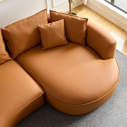 WILLIAMSPACE 124.8" Leather Curved Sofa Couch, Modern Upholstery Luxury Sofa with Pillows, Left Hand Facing Sectional Couch for Living Room (Right-Facing,Orange Leather)
