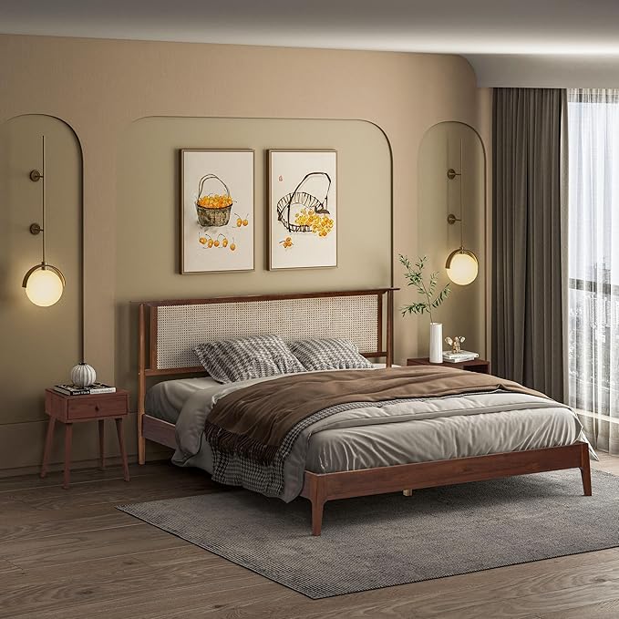 NTC Ruby Wooden Bed Frame with Headboard and Natural Rattan, Solid Oak/Rubber Wood Foundation with Silent Slats, 1000 Lb Capacity, Effortless Assembly (Natural Cane - Dark Walnut, King)
