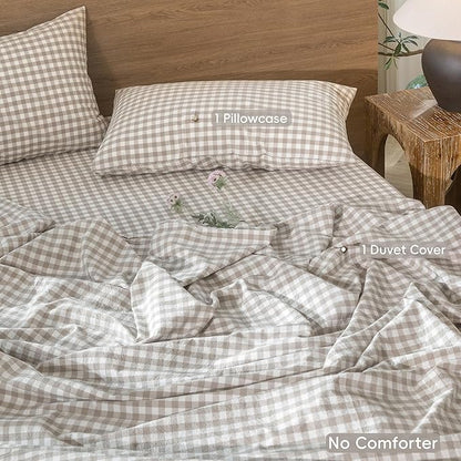 MooMee Gingham Duvet Cover Set 100% Washed Cotton Linen Like Textured Breathable Durable Soft Comfy Modern Checkered Design (Tannish Linen Grey Gingham, Twin 68"x90")