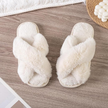 Women's Slipper Memory Foam Cross Band Fuzzy Slippers Open Toe Cozy House Slippers Cozy Plush Bedroom Indoor Outdoor