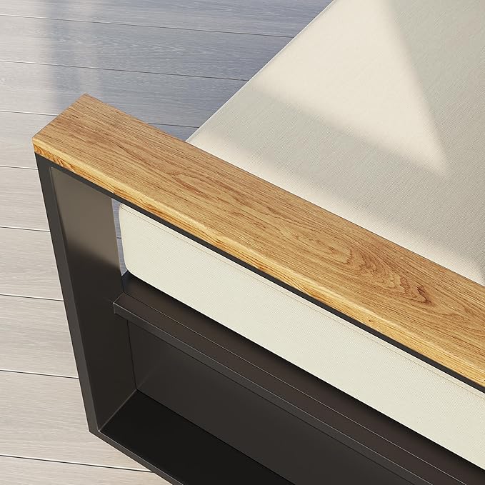 homary Outdoor Swivel Chair, Patio Chair Outdoor Seating with Beige Cushions, Aluminum Frame & Wood Accents, 360° Rotating Base, Weather-Resistant Upholstery for Patio or Deck