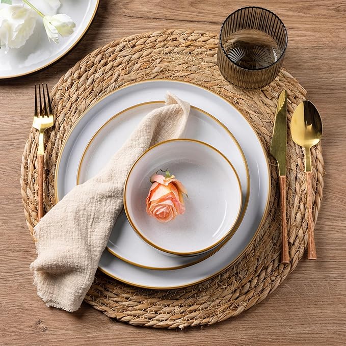 AmorArc Dinnerware Set - 12 Piece Ceramic Plates and Bowls, Stoneware Plates Handpainted, Dishwasher & Microwave Safe (Speckled Black & White, Service for 4)