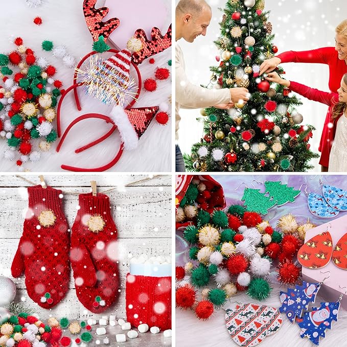 BQTQ 1500 Pieces Christmas Pom Pom Balls Glitter Tinsel Pom Pom for Craft Making and Christmas Decorations (4 Sizes, Gold, White, Green, Red)