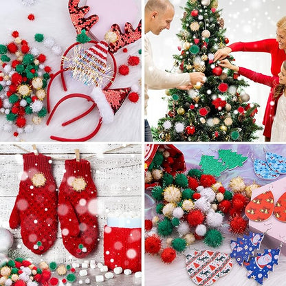 BQTQ 1500 Pieces Christmas Pom Pom Balls Glitter Tinsel Pom Pom for Craft Making and Christmas Decorations (4 Sizes, Gold, White, Green, Red)