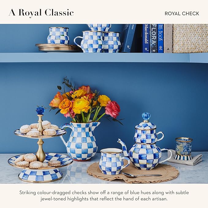 MACKENZIE-CHILDS Enamel Tea Kettle, Stylish Tea Kettle for Stovetop, Blue-and-White Royal Check, 3 Quarts