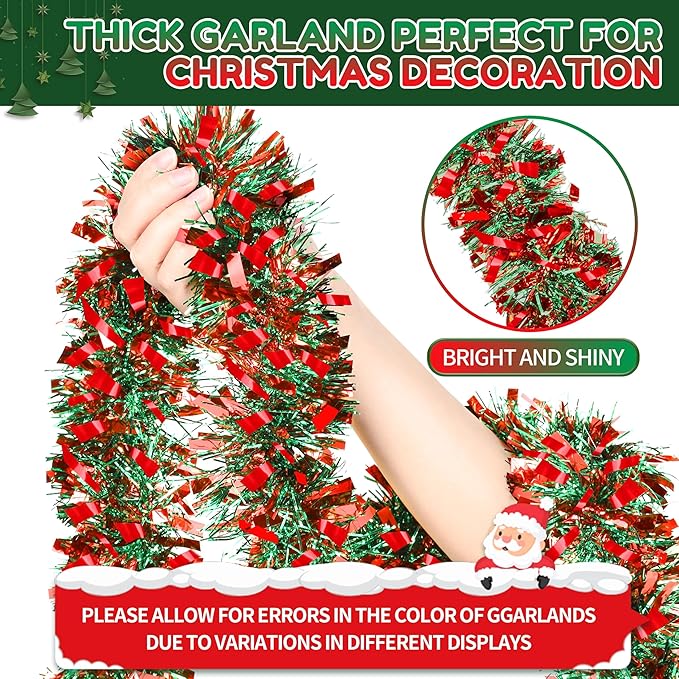 50 Ft Christmas Tinsel Garland Thick Tinsel Garland Xmas Tree Decorations Metallic Tinsel Twist Garland for Christmas, Birthday, Party Decor Indoor Outdoor Party Supplies